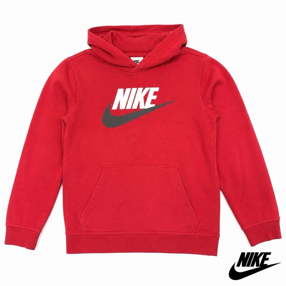 Nike Sportswear Boys Hoodie Large Red White Gray Swoosh Pullover CJ7861-657 READ